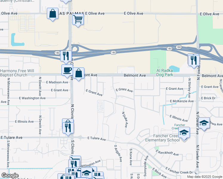 map of restaurants, bars, coffee shops, grocery stores, and more near 391 North Manila Avenue in Fresno