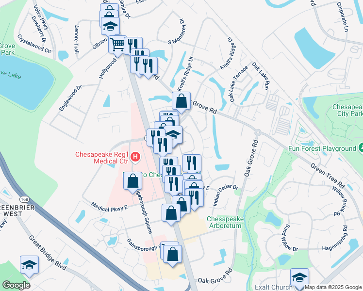 map of restaurants, bars, coffee shops, grocery stores, and more near 650 Ridge Circle in Chesapeake