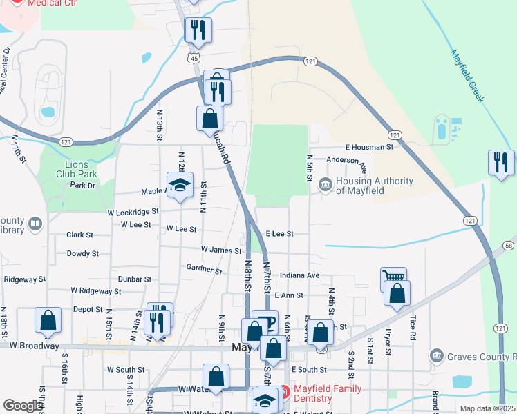 map of restaurants, bars, coffee shops, grocery stores, and more near 100 East Lockridge Street in Mayfield