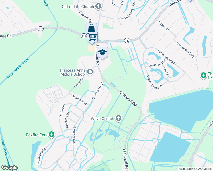 map of restaurants, bars, coffee shops, grocery stores, and more near 2501 Bernadotte Street in Virginia Beach
