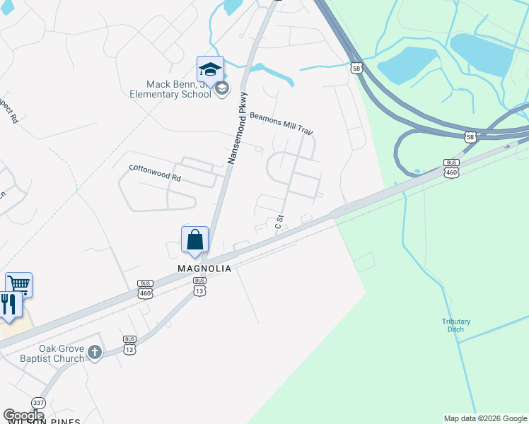 map of restaurants, bars, coffee shops, grocery stores, and more near 118 C Street in Suffolk
