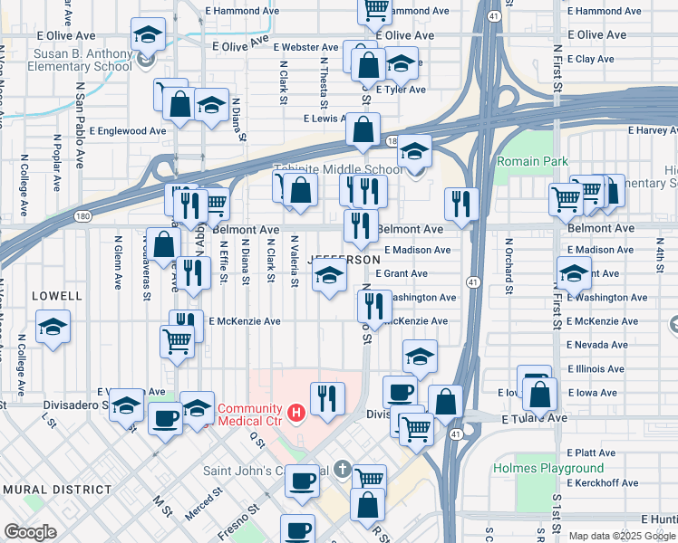 map of restaurants, bars, coffee shops, grocery stores, and more near 2342 East Grant Avenue in Fresno