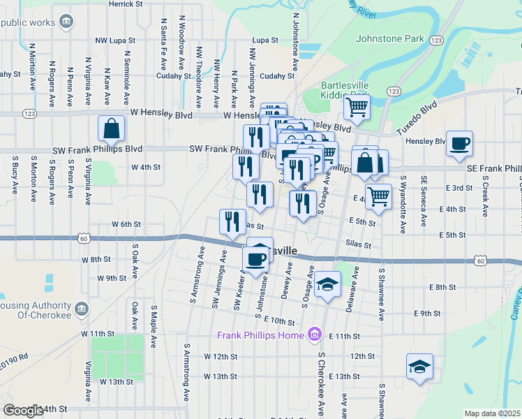 map of restaurants, bars, coffee shops, grocery stores, and more near 117 West 5th Street in Bartlesville