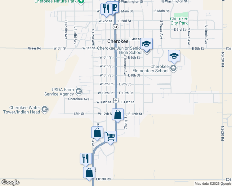 map of restaurants, bars, coffee shops, grocery stores, and more near South Grand Avenue in Cherokee