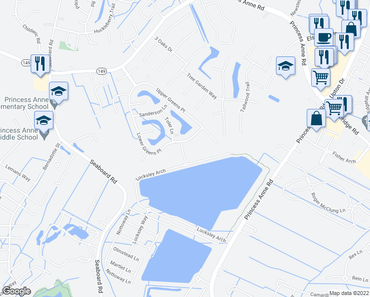 map of restaurants, bars, coffee shops, grocery stores, and more near 2308 McNelly Lane in Virginia Beach