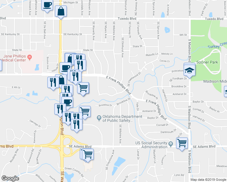 map of restaurants, bars, coffee shops, grocery stores, and more near 111 Fleetwood Place in Bartlesville