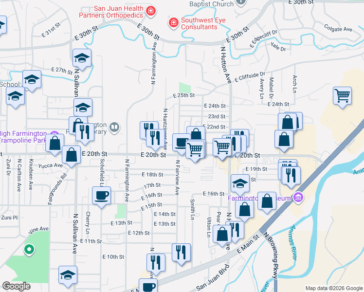 map of restaurants, bars, coffee shops, grocery stores, and more near 2346 E 20th St in Farmington