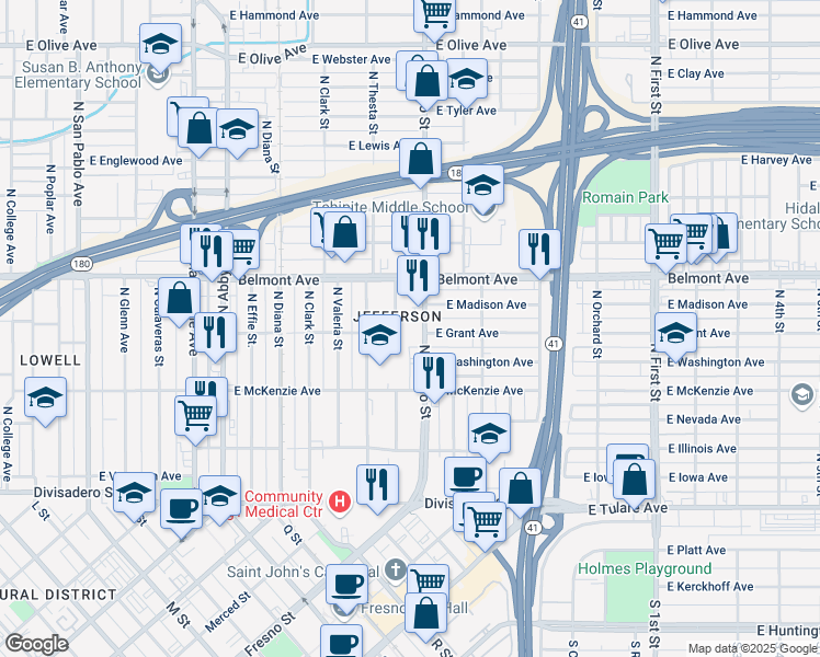 map of restaurants, bars, coffee shops, grocery stores, and more near 2342 East Grant Avenue in Fresno