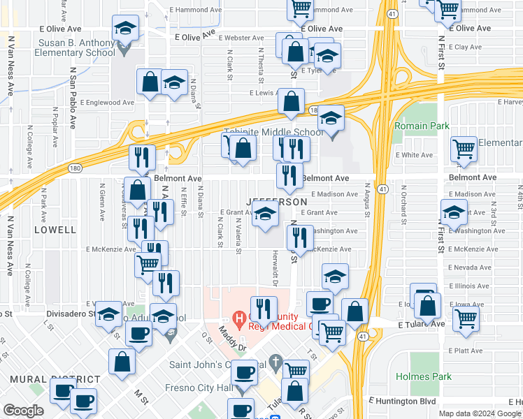 map of restaurants, bars, coffee shops, grocery stores, and more near 2224 East Grant Avenue in Fresno