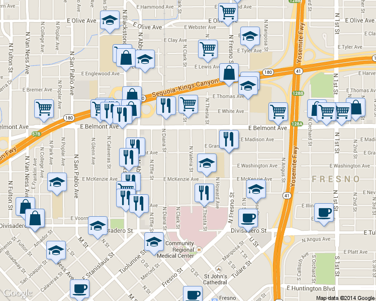 map of restaurants, bars, coffee shops, grocery stores, and more near 387 North Valeria Street in Fresno