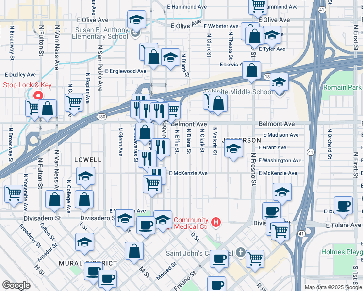 map of restaurants, bars, coffee shops, grocery stores, and more near in Fresno