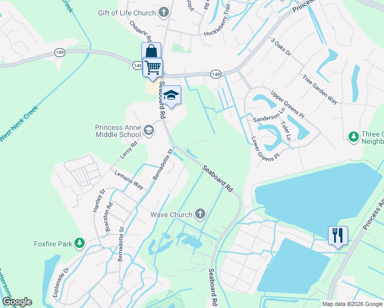 map of restaurants, bars, coffee shops, grocery stores, and more near 2501 Bernadotte Street in Virginia Beach
