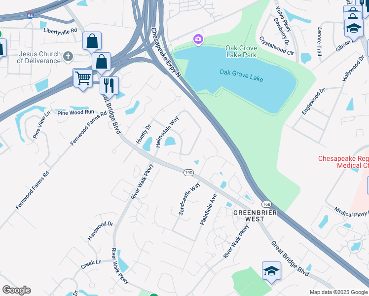 map of restaurants, bars, coffee shops, grocery stores, and more near 613 Sutherland Drive in Chesapeake