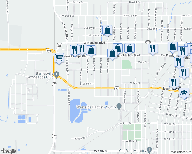 map of restaurants, bars, coffee shops, grocery stores, and more near 524 South Bucy Avenue in Bartlesville