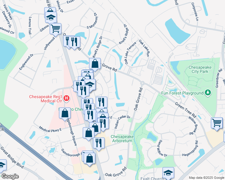 map of restaurants, bars, coffee shops, grocery stores, and more near 300 Amherst Court in Chesapeake