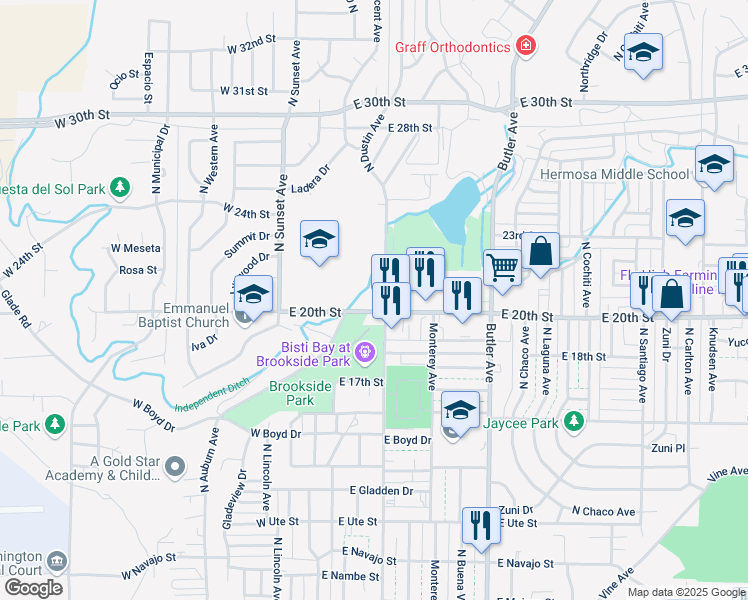 map of restaurants, bars, coffee shops, grocery stores, and more near 2001 North Dustin Avenue in Farmington