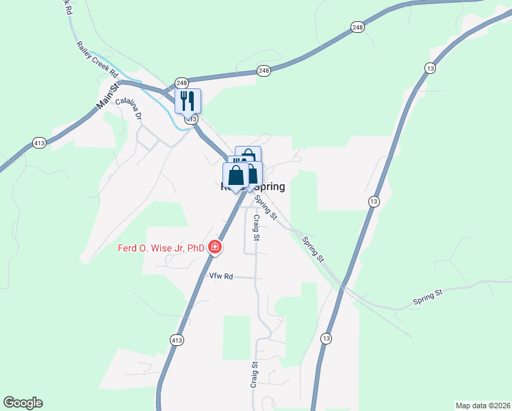 map of restaurants, bars, coffee shops, grocery stores, and more near 54 Claybough Street in Reeds Spring