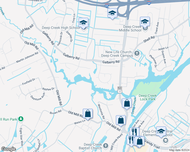 map of restaurants, bars, coffee shops, grocery stores, and more near 2804 Bar Harbor Court in Chesapeake