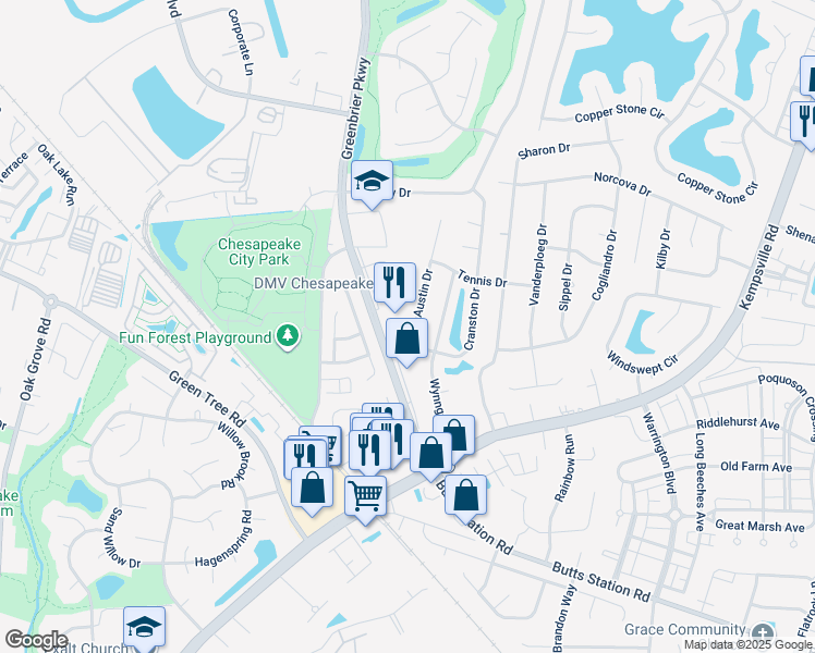 map of restaurants, bars, coffee shops, grocery stores, and more near 1006 Austin Drive in Chesapeake