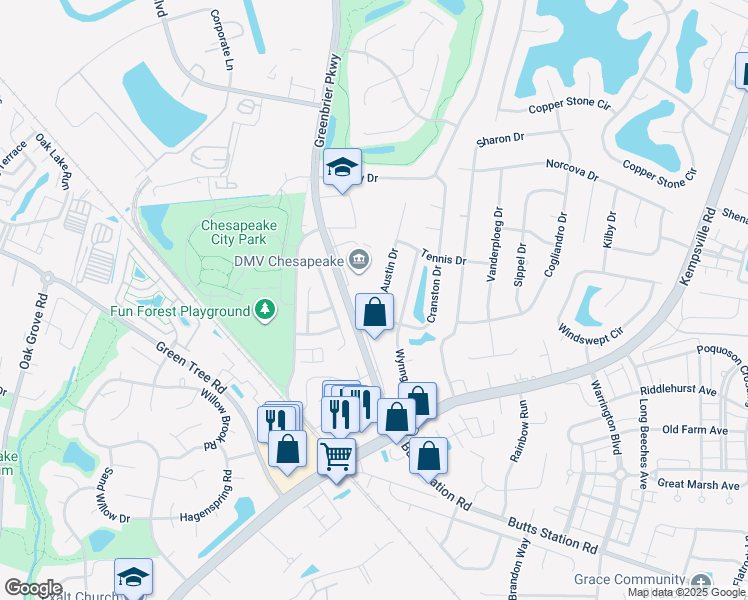 map of restaurants, bars, coffee shops, grocery stores, and more near 1006 Austin Drive in Chesapeake