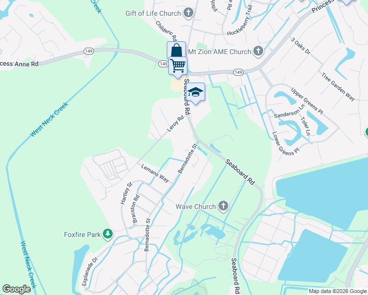 map of restaurants, bars, coffee shops, grocery stores, and more near 2509 Seaboard Road in Virginia Beach