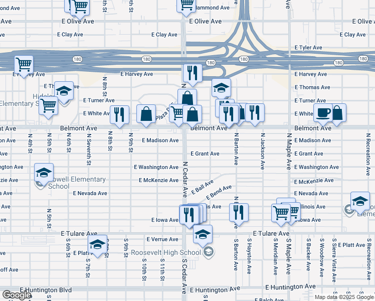 map of restaurants, bars, coffee shops, grocery stores, and more near 4211 East Grant Avenue in Fresno