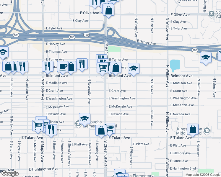 map of restaurants, bars, coffee shops, grocery stores, and more near 4808 East Grant Avenue in Fresno