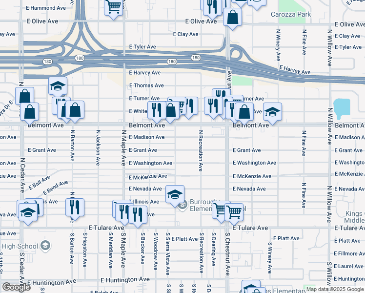 map of restaurants, bars, coffee shops, grocery stores, and more near 4710 East Grant Avenue in Fresno
