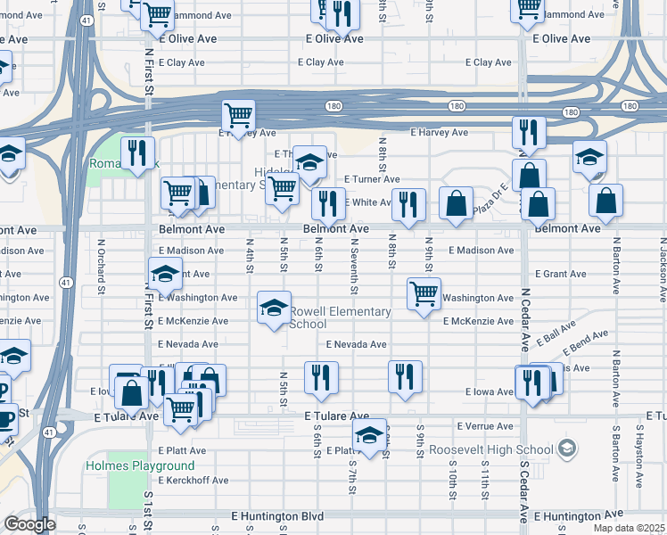 map of restaurants, bars, coffee shops, grocery stores, and more near 3656 East Grant Avenue in Fresno