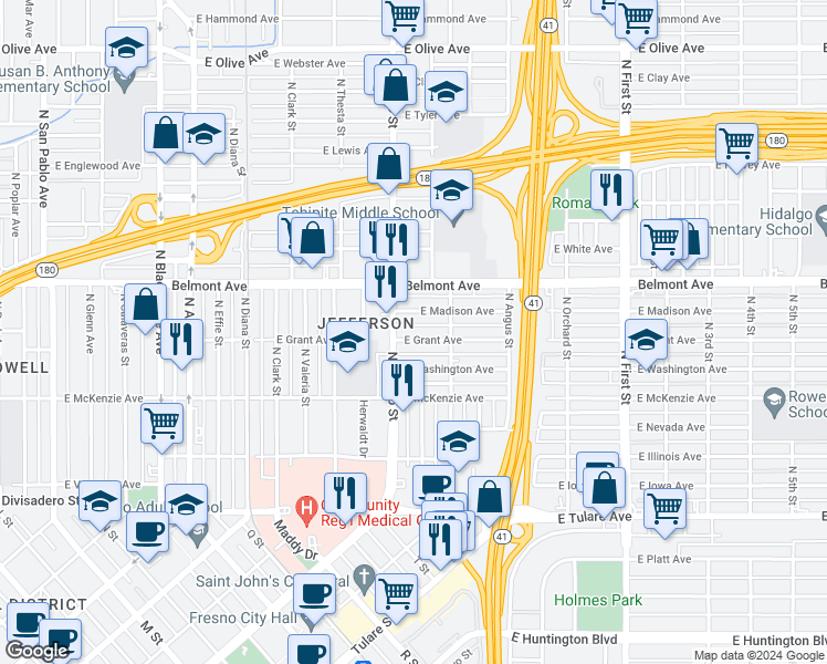 map of restaurants, bars, coffee shops, grocery stores, and more near 2522 East Grant Avenue in Fresno