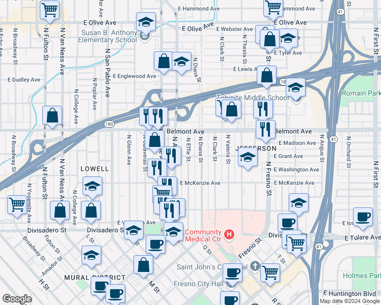 map of restaurants, bars, coffee shops, grocery stores, and more near in Fresno