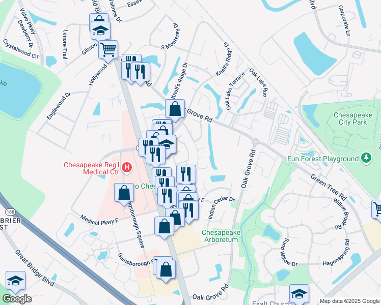 map of restaurants, bars, coffee shops, grocery stores, and more near 729 Ridge Circle in Chesapeake