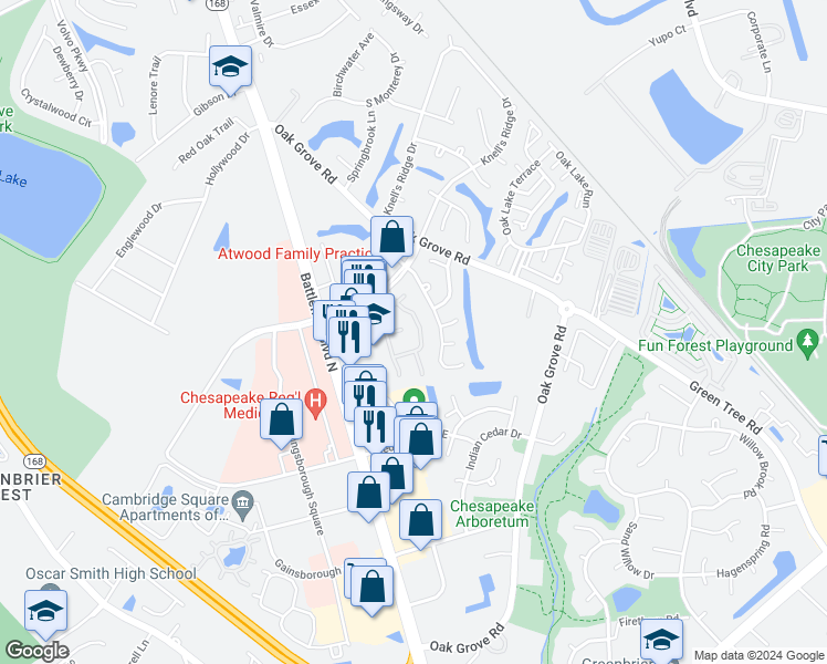 map of restaurants, bars, coffee shops, grocery stores, and more near 741 Ridge Circle in Chesapeake