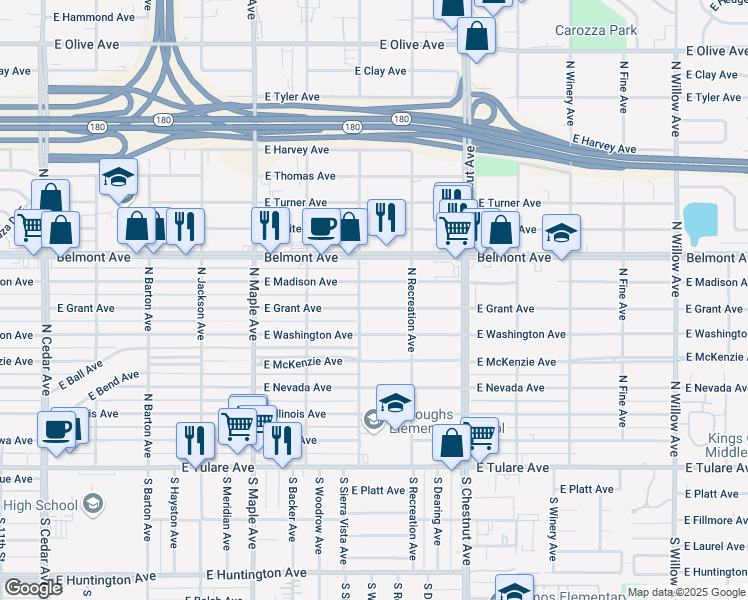 map of restaurants, bars, coffee shops, grocery stores, and more near 4710 East Grant Avenue in Fresno