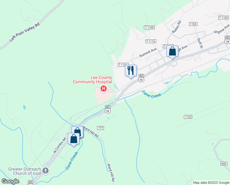 map of restaurants, bars, coffee shops, grocery stores, and more near 1750 Combs Road in Pennington Gap