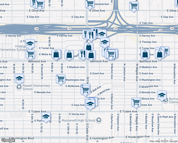 map of restaurants, bars, coffee shops, grocery stores, and more near 4211 East Grant Avenue in Fresno