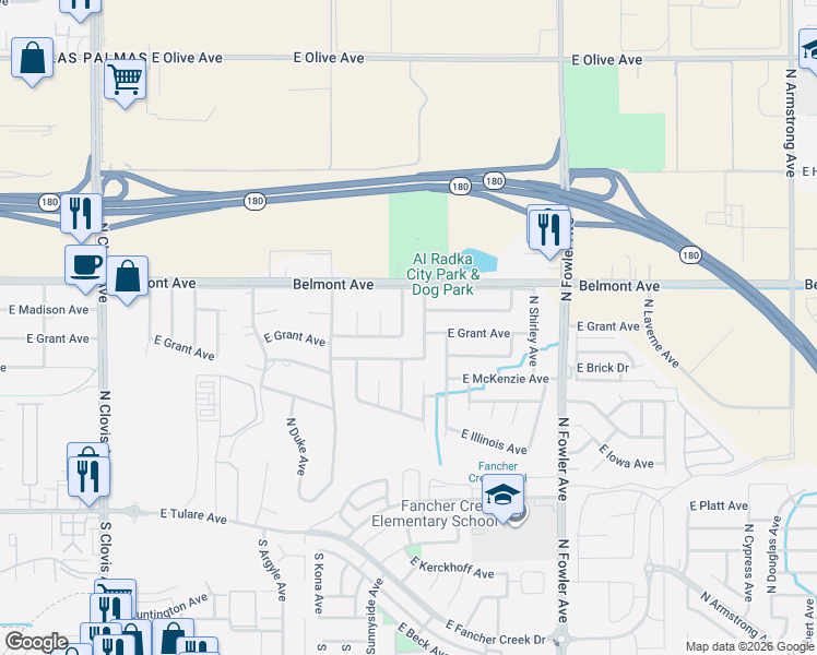 map of restaurants, bars, coffee shops, grocery stores, and more near 402 North Purdue Avenue in Fresno