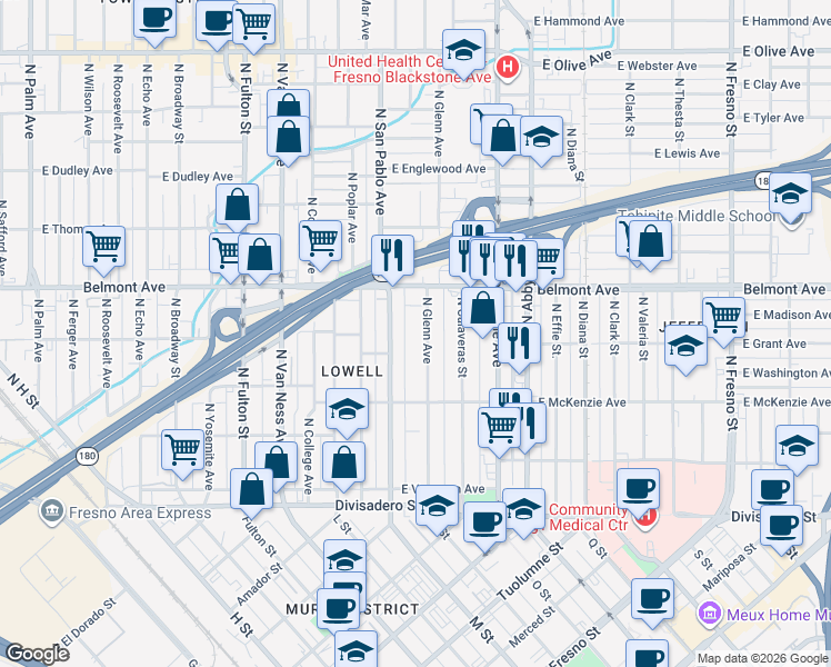 map of restaurants, bars, coffee shops, grocery stores, and more near 411 North Glenn Avenue in Fresno