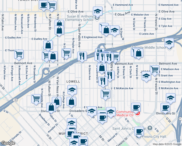map of restaurants, bars, coffee shops, grocery stores, and more near 422 North Glenn Avenue in Fresno