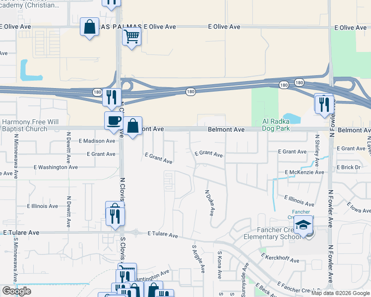 map of restaurants, bars, coffee shops, grocery stores, and more near 391 North Manila Avenue in Fresno
