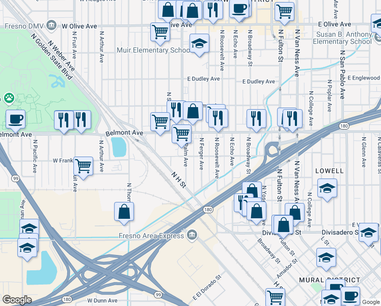 map of restaurants, bars, coffee shops, grocery stores, and more near 354 North Palm Avenue in Fresno