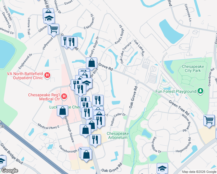 map of restaurants, bars, coffee shops, grocery stores, and more near 310 Amherst Court in Chesapeake