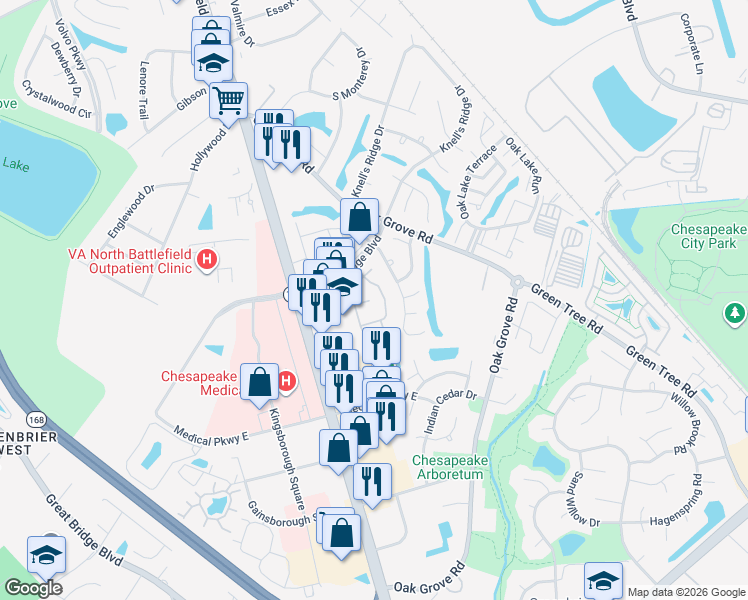 map of restaurants, bars, coffee shops, grocery stores, and more near 729 Ridge Circle in Chesapeake