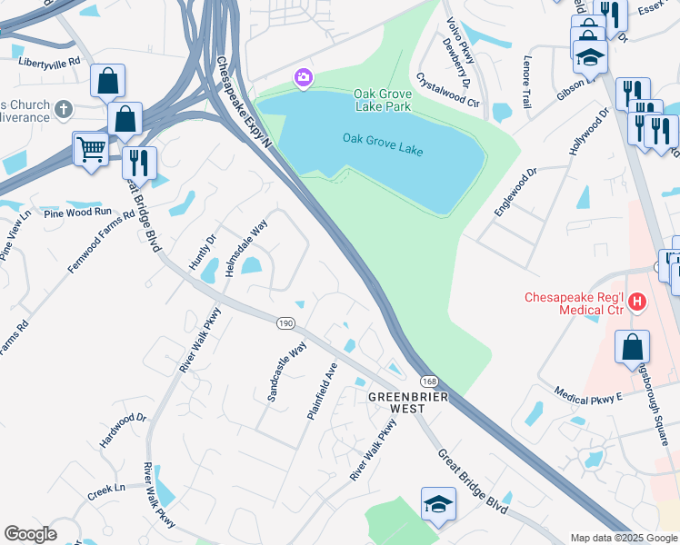 map of restaurants, bars, coffee shops, grocery stores, and more near 700 Treetop Lane in Chesapeake