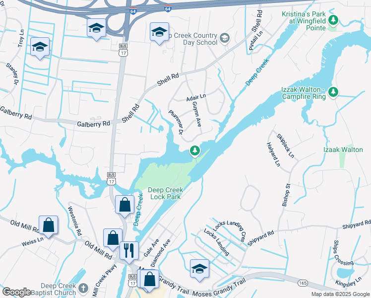 map of restaurants, bars, coffee shops, grocery stores, and more near 420-424 Plummer Drive in Chesapeake