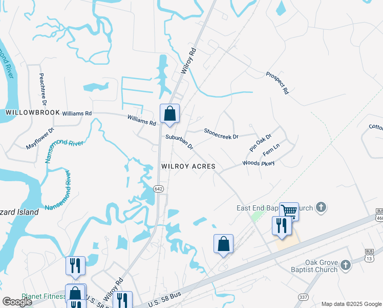 map of restaurants, bars, coffee shops, grocery stores, and more near 317 Suburban Drive in Suffolk