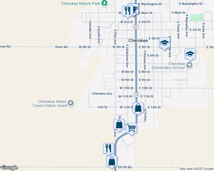 map of restaurants, bars, coffee shops, grocery stores, and more near 921 South Ohio Avenue in Cherokee