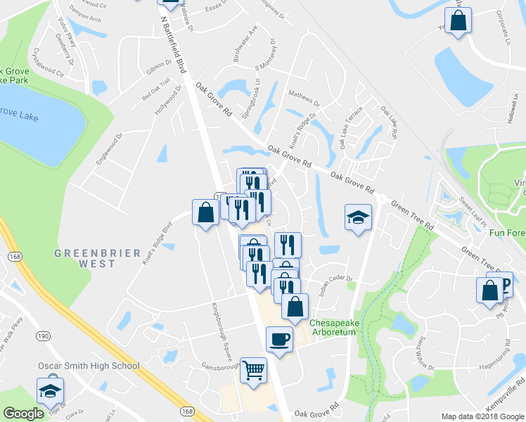 map of restaurants, bars, coffee shops, grocery stores, and more near 638 Ridge Circle in Chesapeake