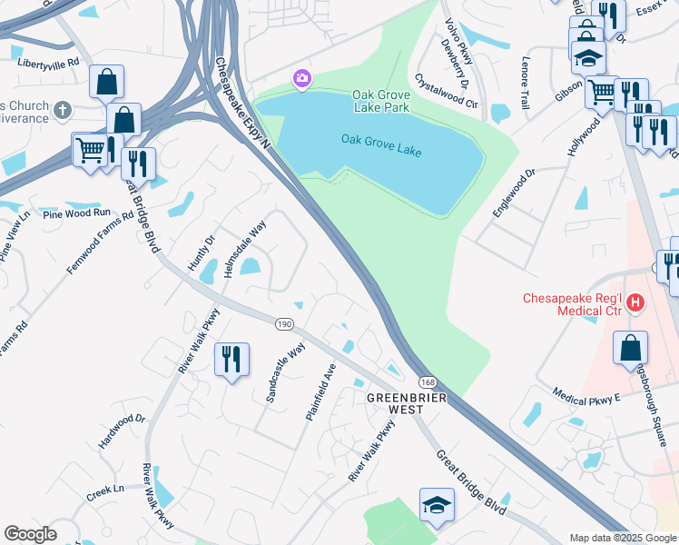map of restaurants, bars, coffee shops, grocery stores, and more near 700 Treetop Lane in Chesapeake