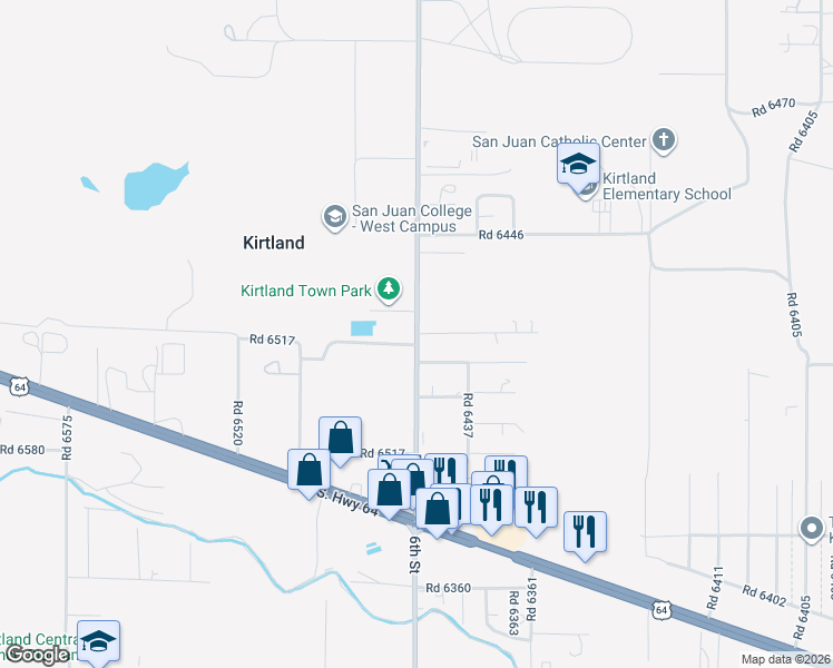 map of restaurants, bars, coffee shops, grocery stores, and more near 37 Road 6500 in Kirtland